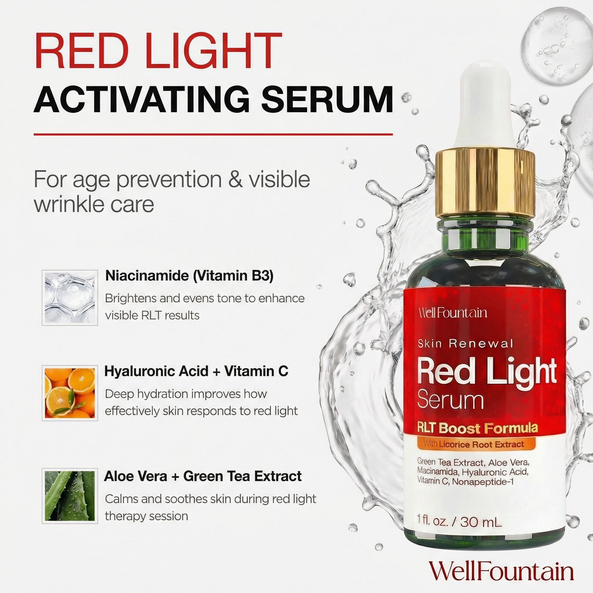 WellFountain Red Light Serum bottle surrounded by a water splash of key ingredients